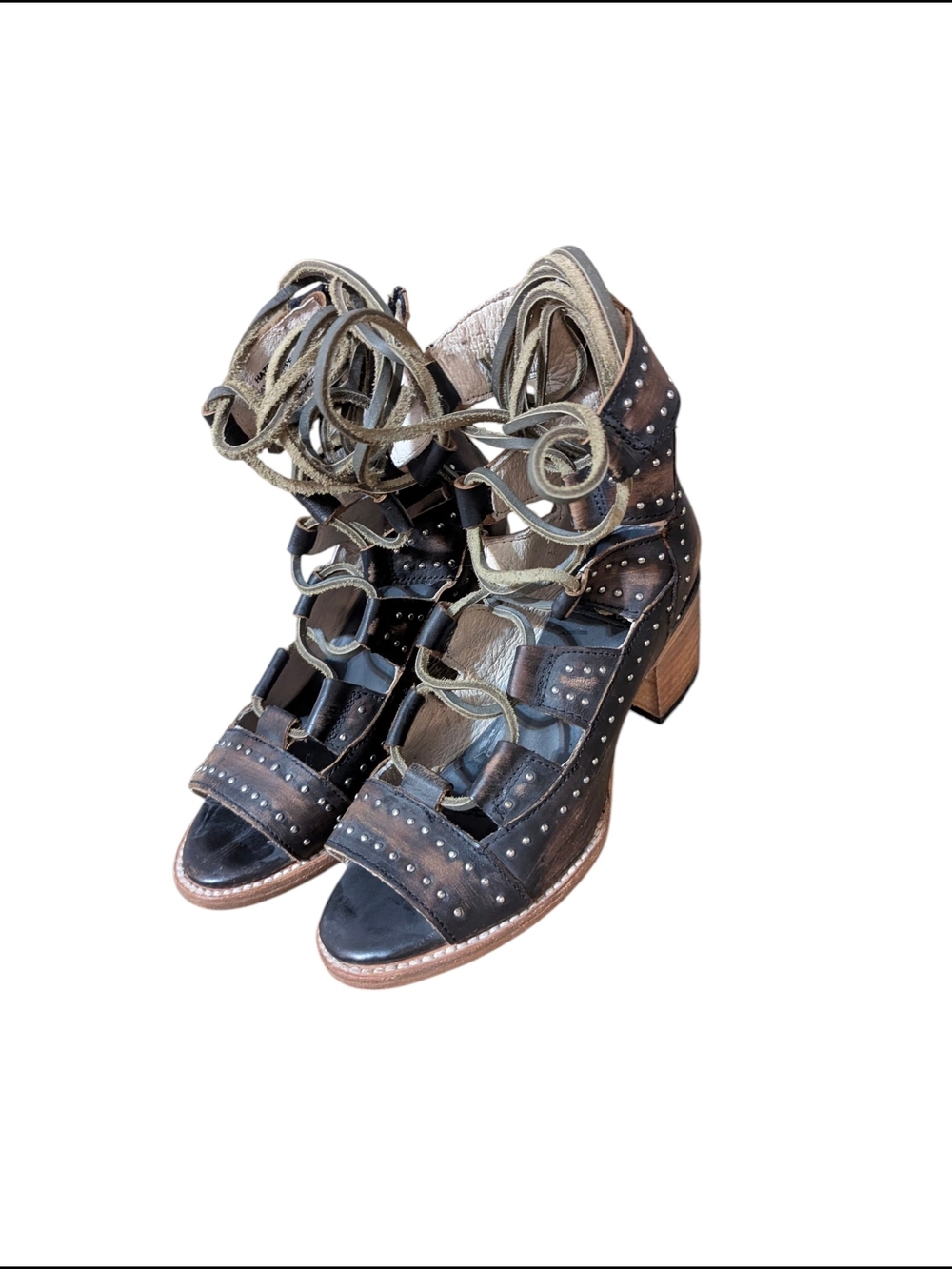 freebird Brown Studded Lace-Up Block Heel Sandals